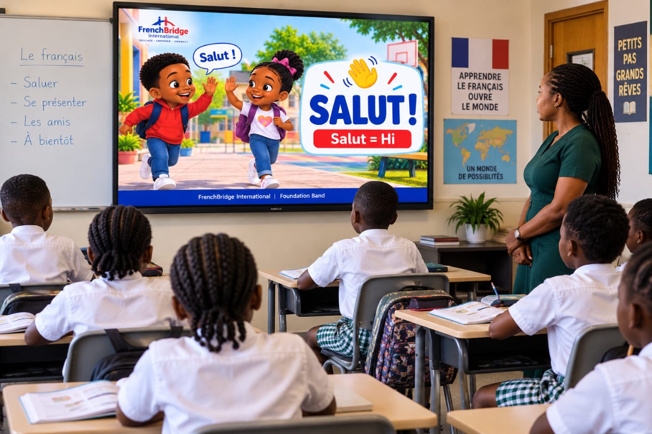 Foundation Band lesson on greetings displayed on a classroom screen