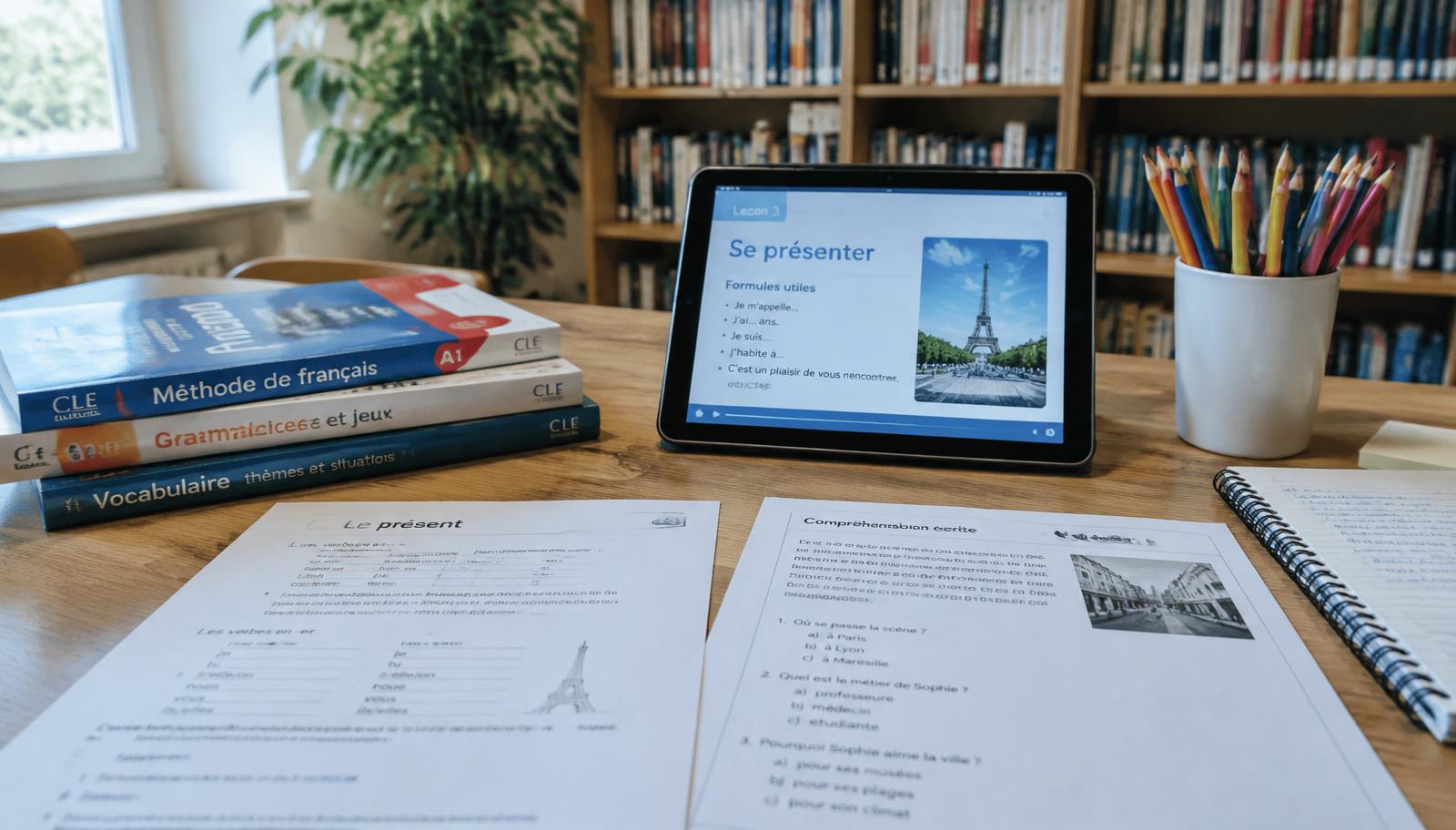 French workbooks, worksheets and a tablet lesson on a desk